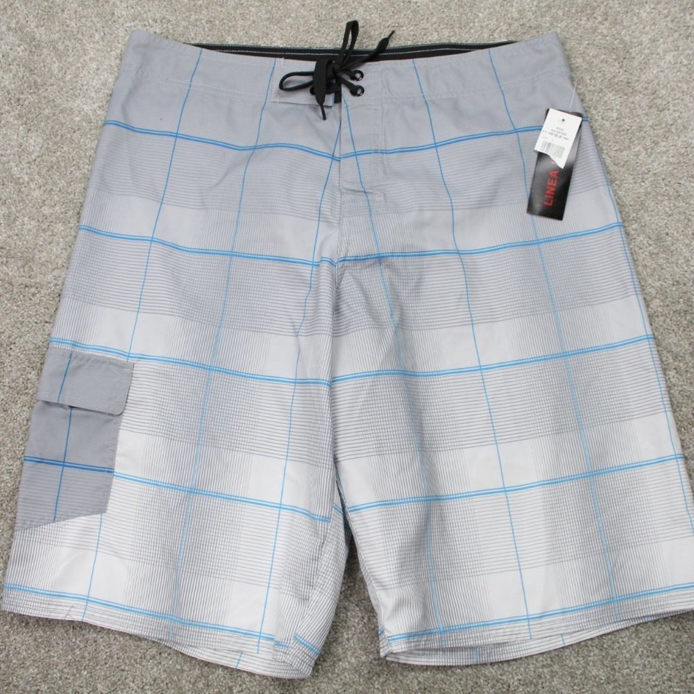 Linea Uomo‎ Swim Suit NWT Men's XL Grey/Blue Lined Polyester Bathing Suit Trunks